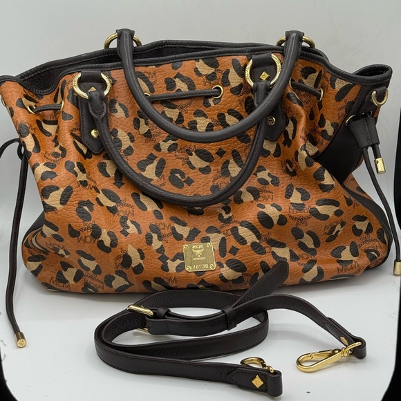 MCM Cognac Visetos Leopard Print 2-Way Satchel/Tote Bag ✅ EUC ✅ Authentic - Picture 1 of 15